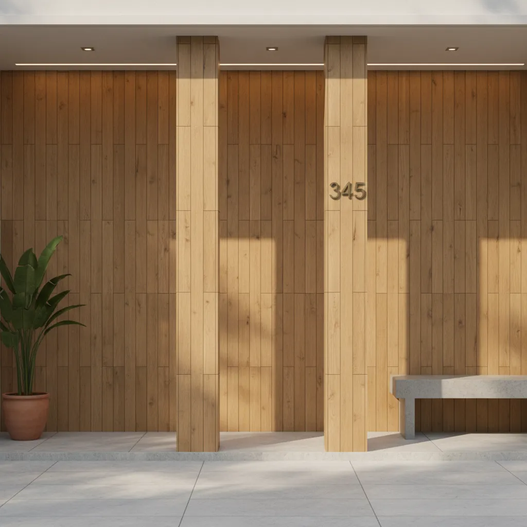 Wood look porcelain tiles installed vertically on house portico wall