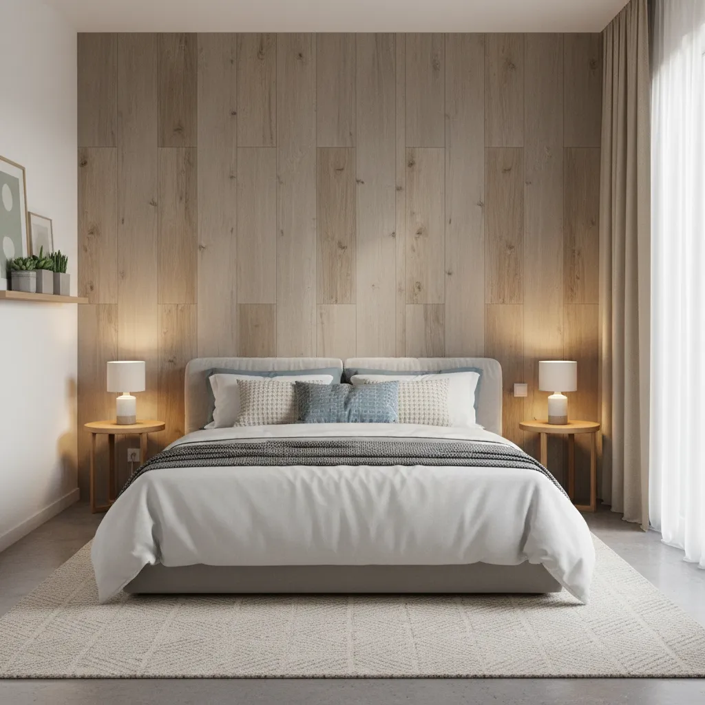 wood look porcelain tiles installed as a warm bedroom wall panel