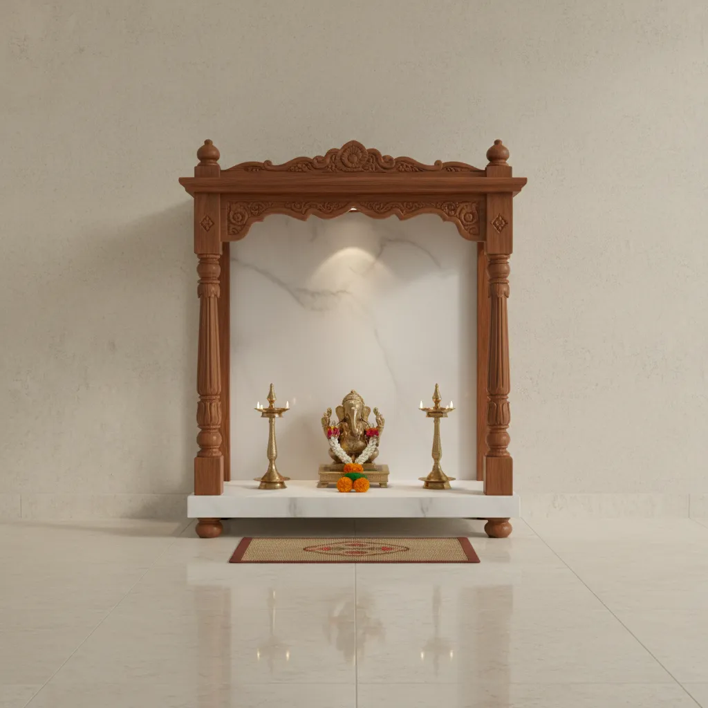 Wood and marble materials used in small pooja room design