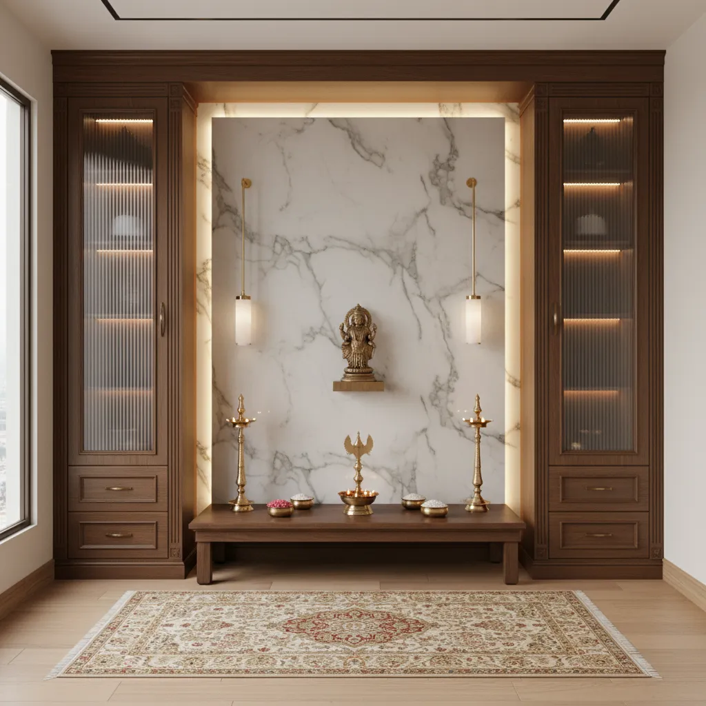 Wood and marble pooja unit with brass accents