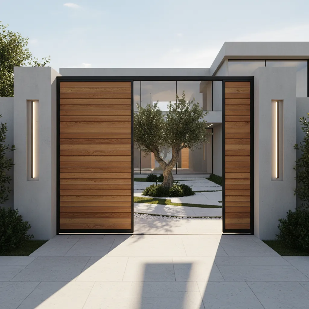 Portal exterior que combina madera natural y estructura metálica