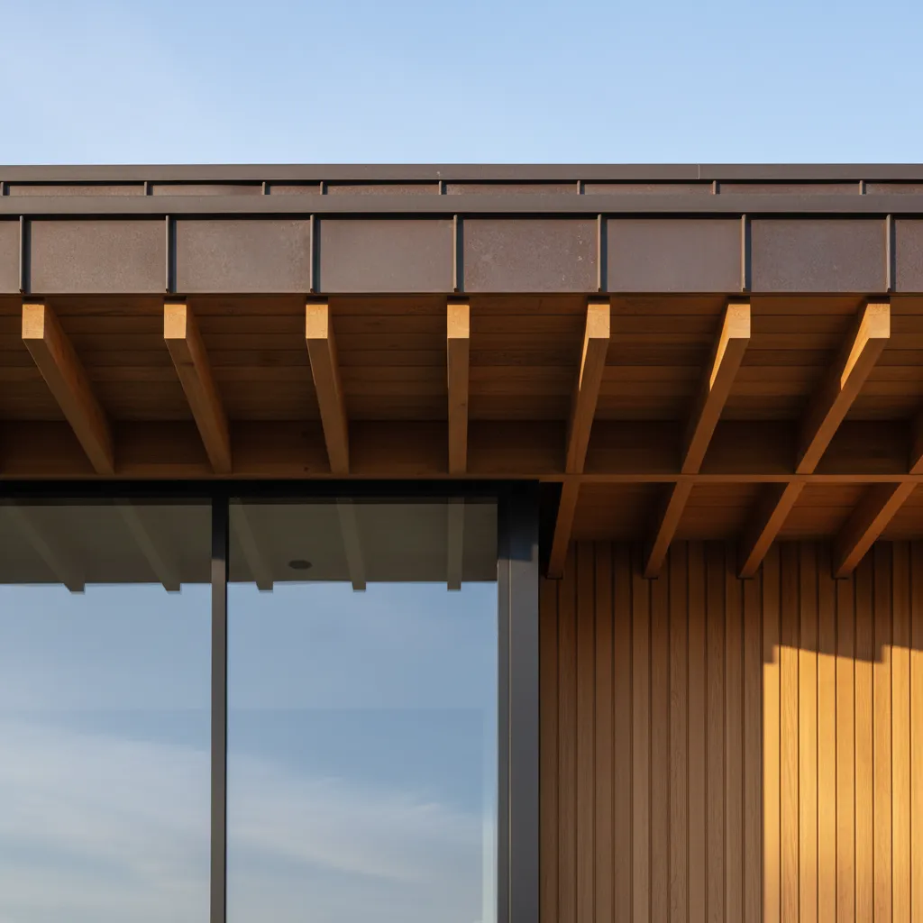 alero de madera y metal en el frente de una casa contemporánea
