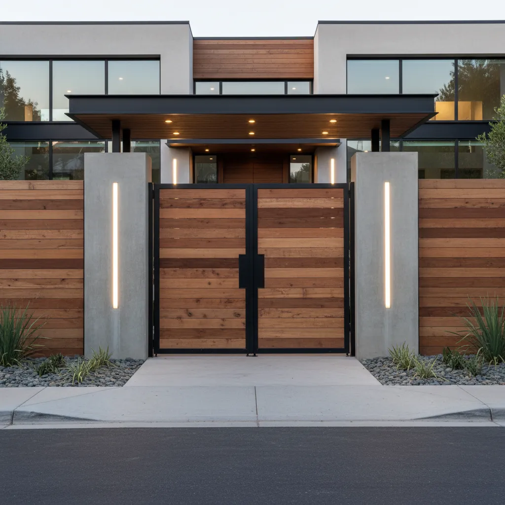 Portón residencial que combina madera y estructura metálica