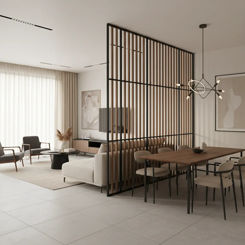 wood and black metal hybrid grill partition in modern apartment