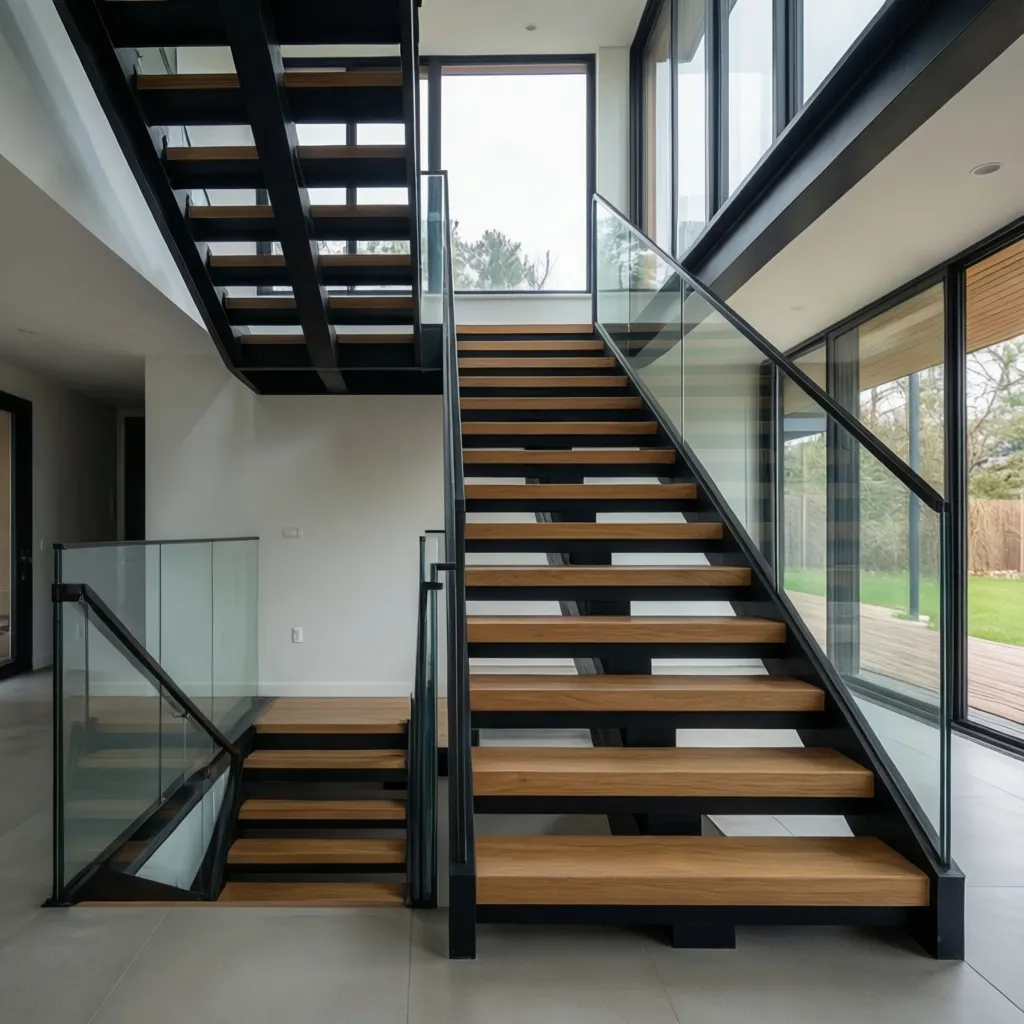 Escalera moderna con estructura metálica y peldaños de madera