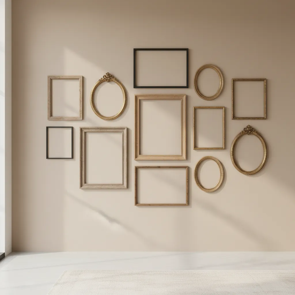 Collection of wood metal and vintage picture frames arranged on a wall
