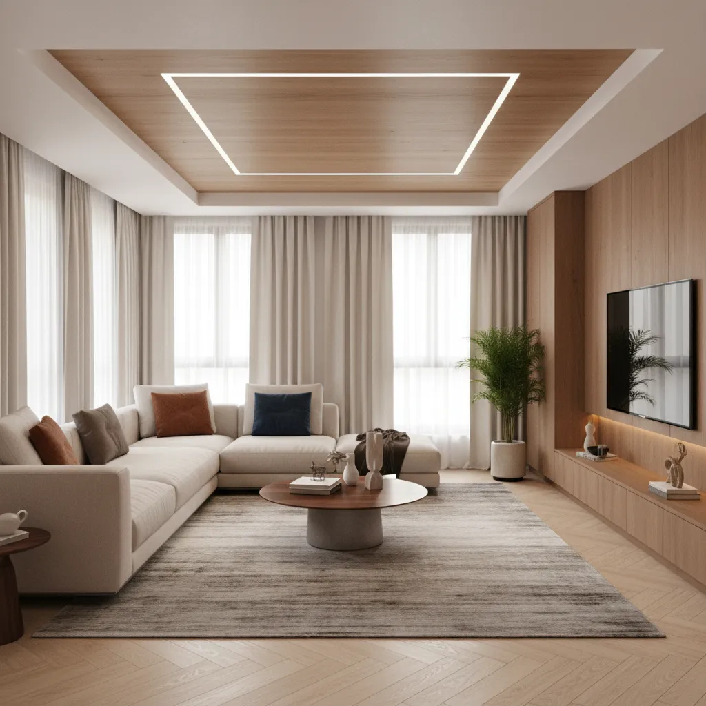 living room with wood panel accent flat ceiling design