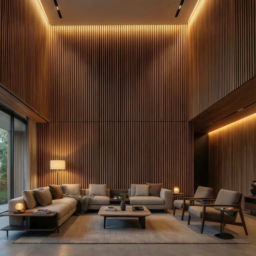 Vertical wood panel cladding on a tall living room wall