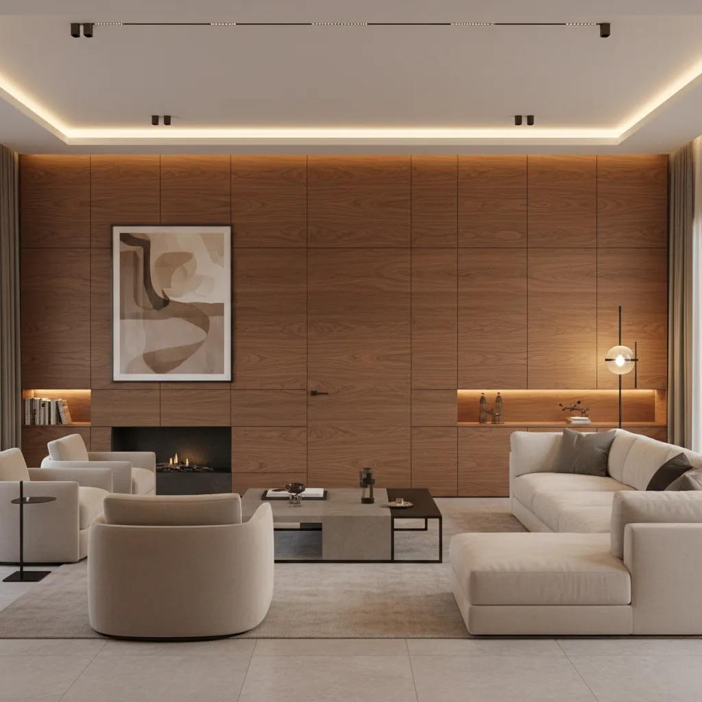 Wood wall panel system with concealed door integrated into cabinetry