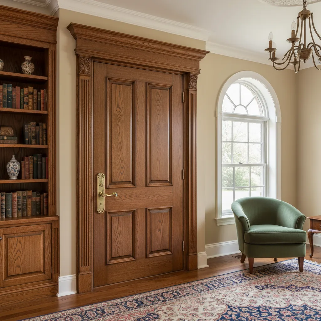 Puerta de madera panelada en un interior elegante