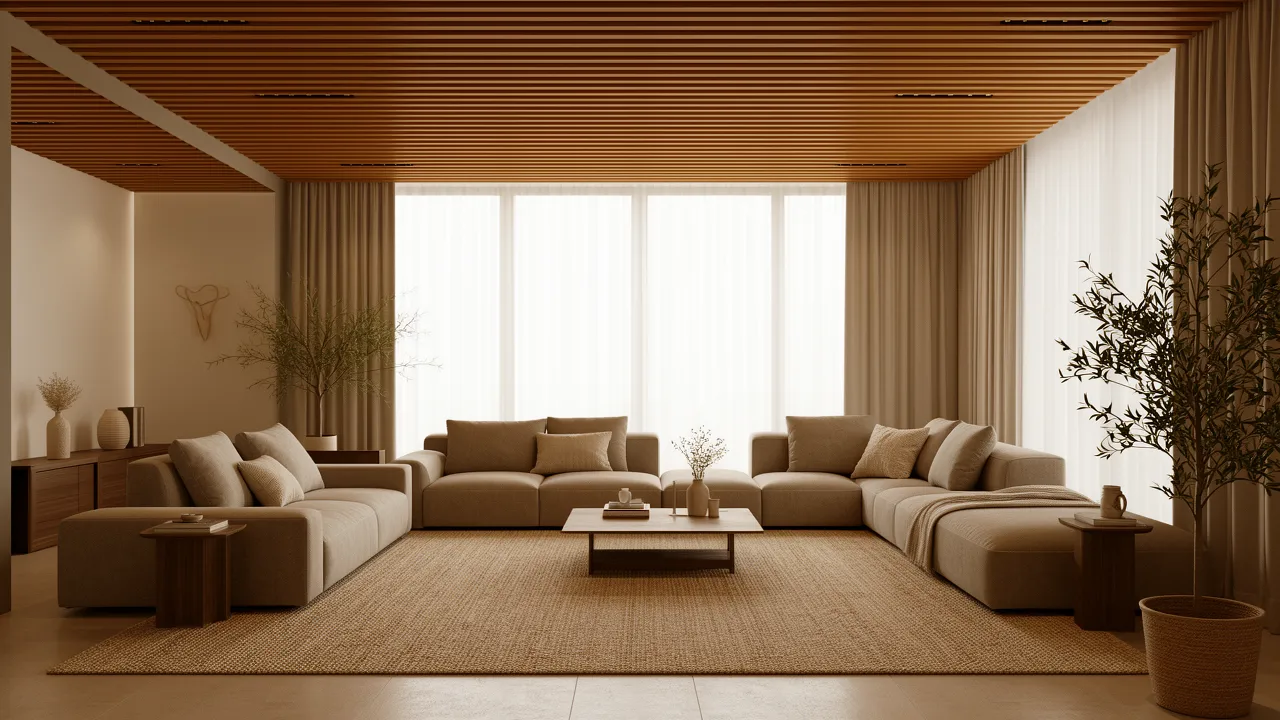 Warm wood panel ceiling in modern luxury living room