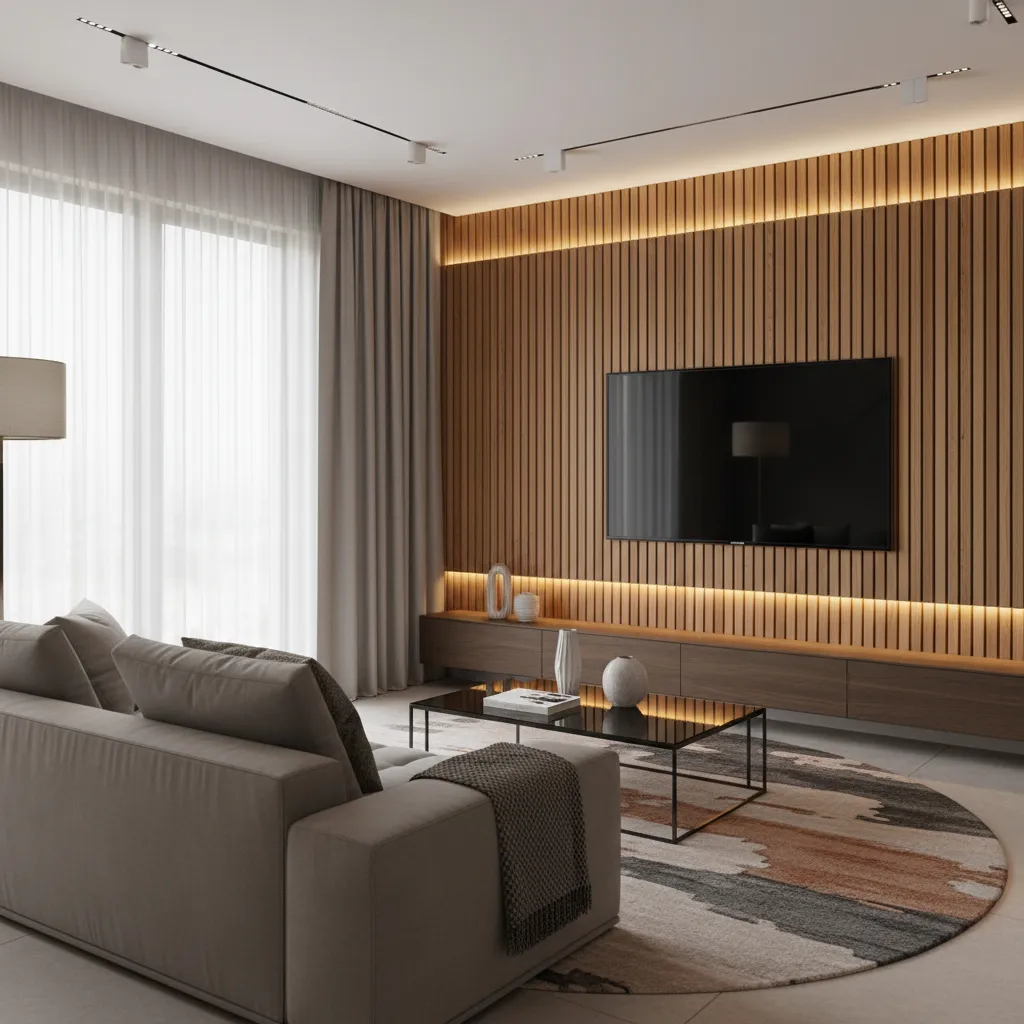 living room TV wall with vertical wood panel feature design