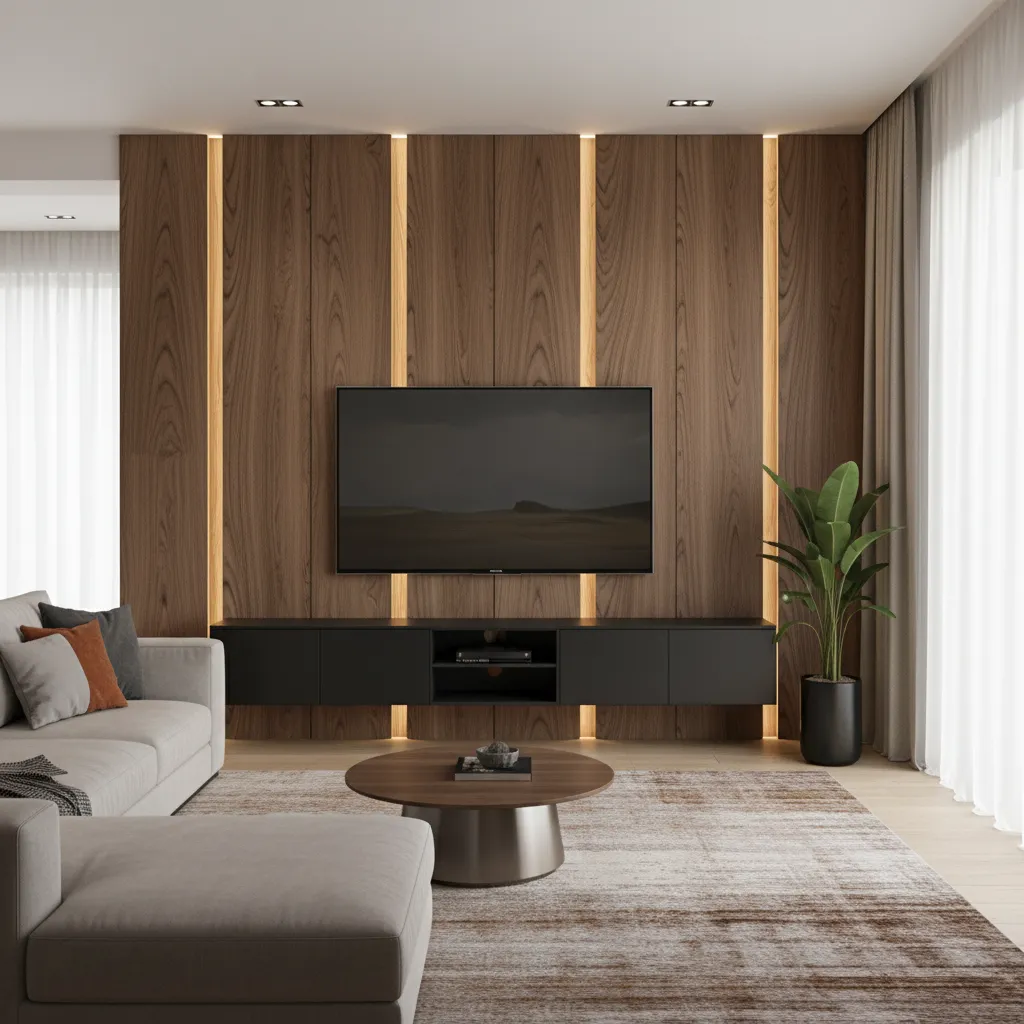 modern tv wall with wood panel backdrop and floating cabinet