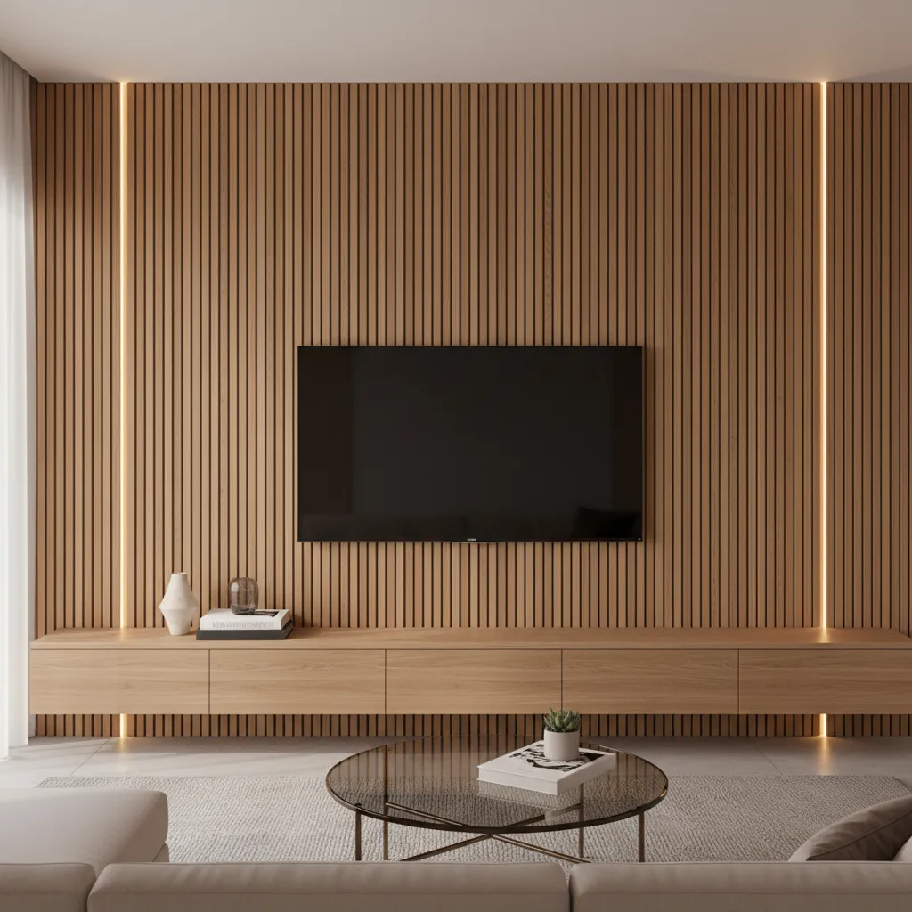 Living room TV wall with vertical wood panels and built in lighting