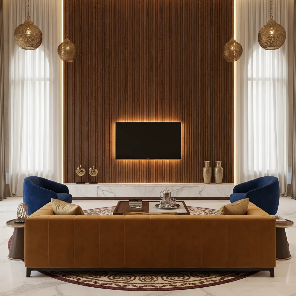 Wood panel TV wall with hidden lighting in Indian living room