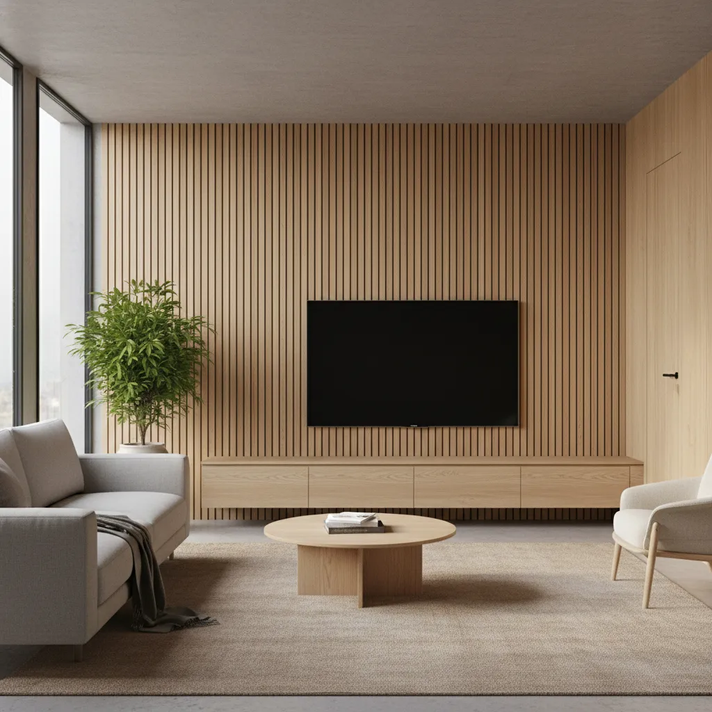 Modern living room TV wall with vertical wood panels and wall mounted television