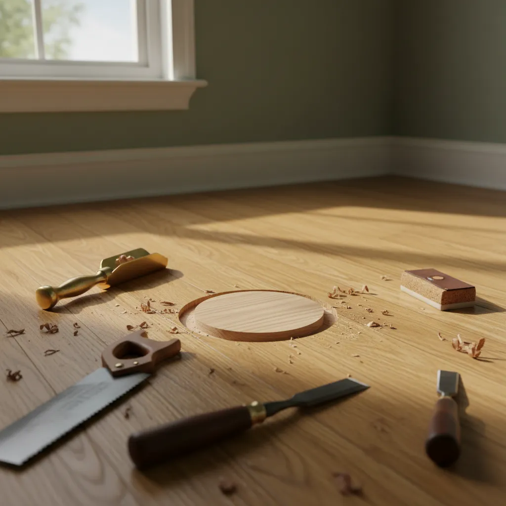 Installing a wood plug patch into a hardwood floor hole repair