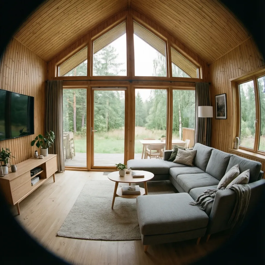 Cozy living room with wood wall panel grey sofa round coffee table and large glass windows