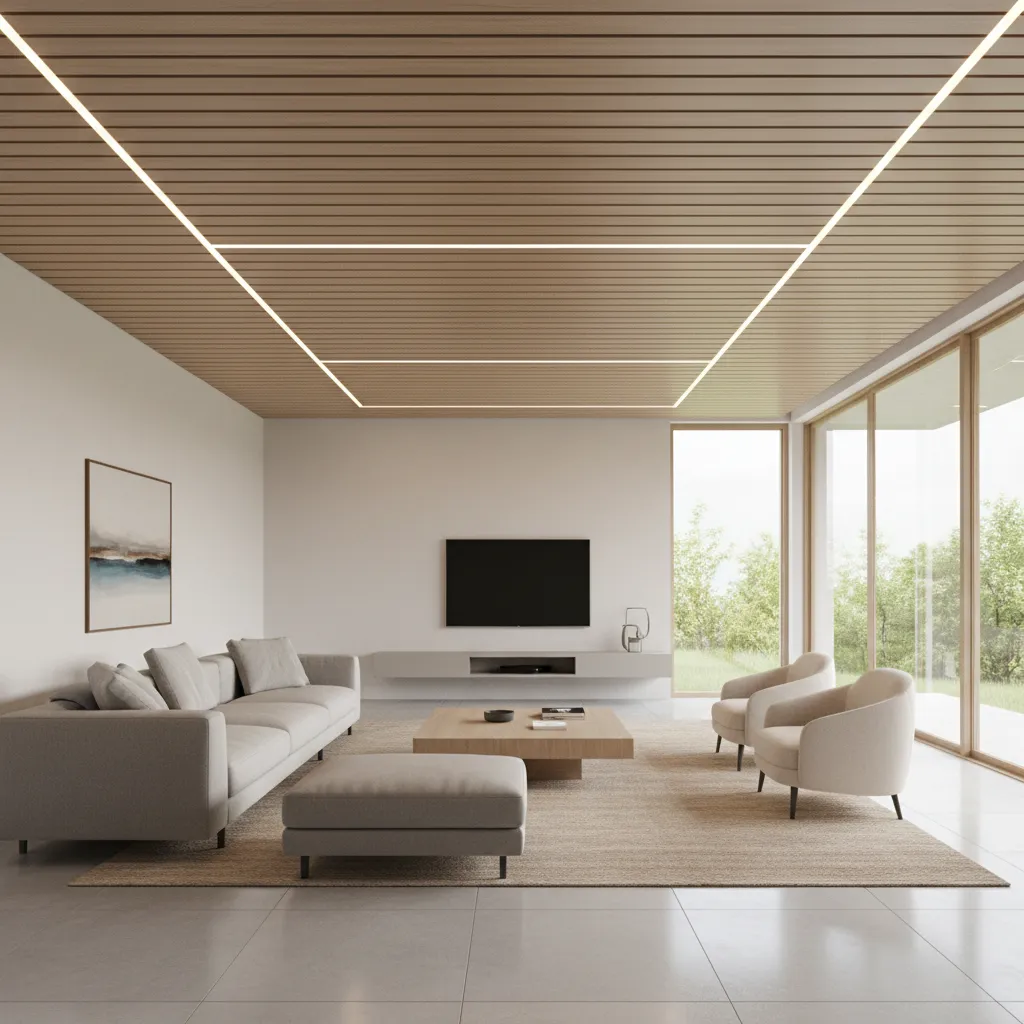Living room with wood finish PVC slat ceiling panels and modern sofa layout