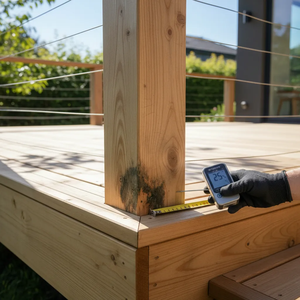 wood exterior railing showing early rot near post base