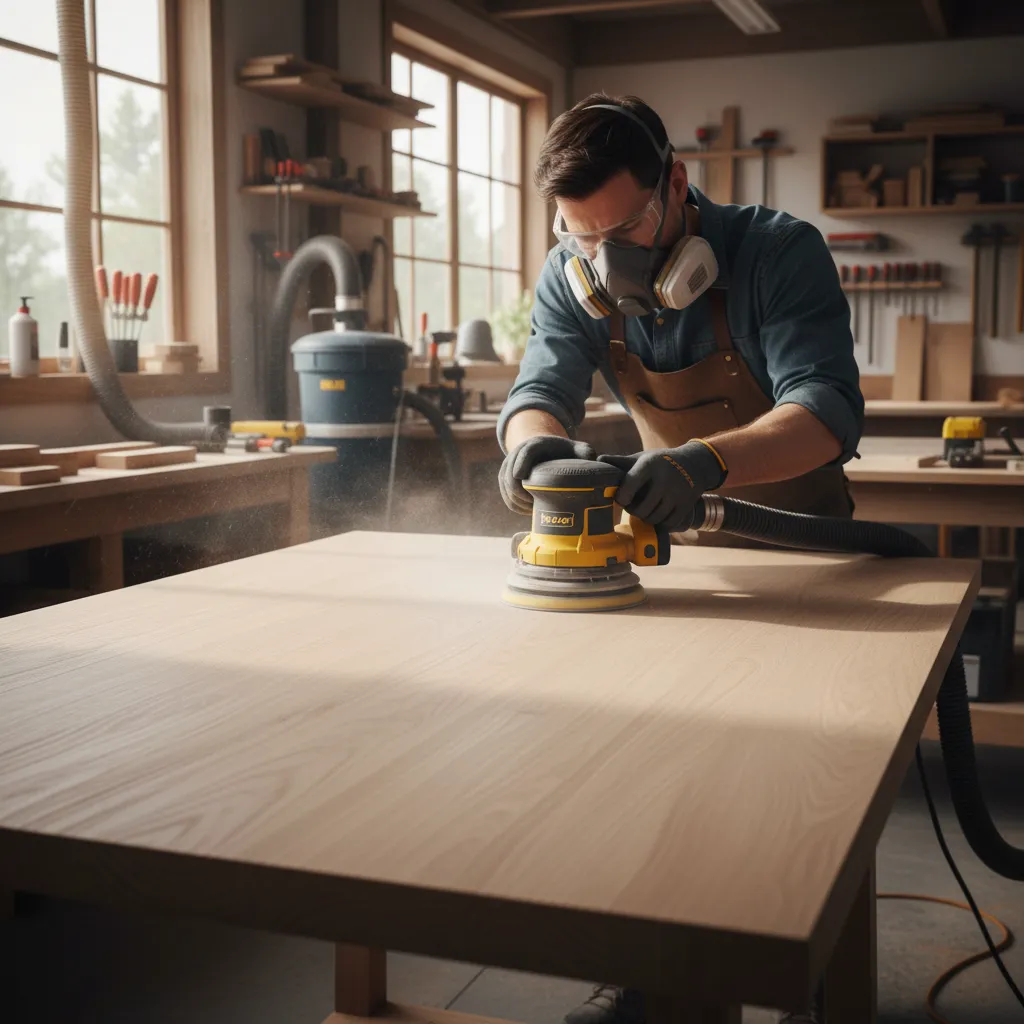 Woodworker sanding hardwood surface before bleaching process