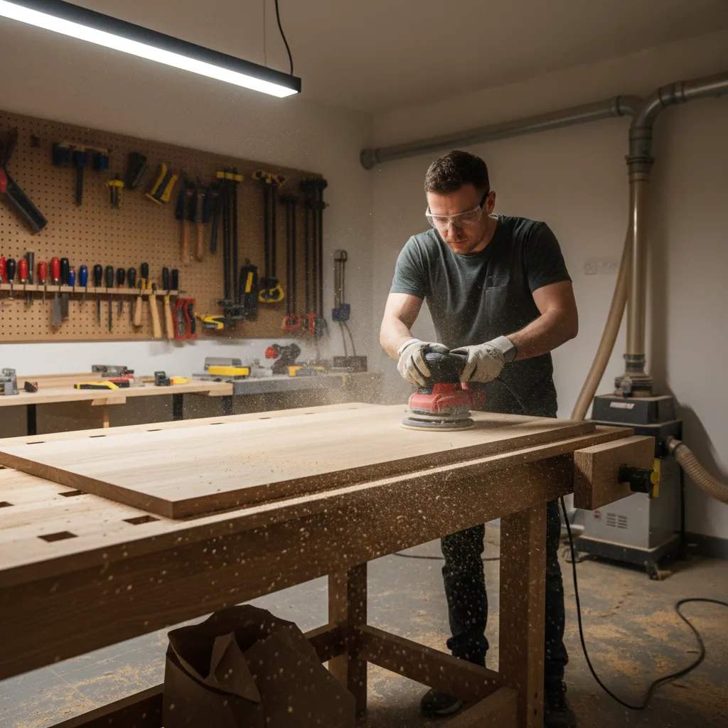 woodworker sanding wooden panel smoothly before staining