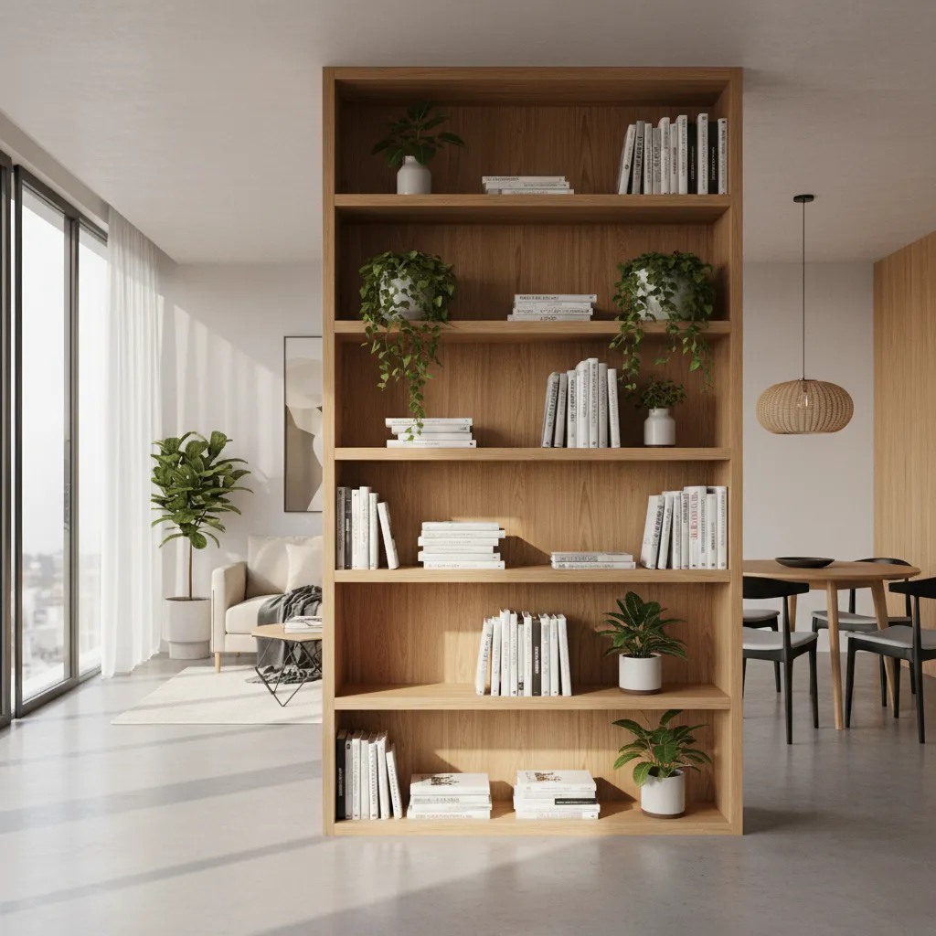 Wood shelving unit used as partition between living room and dining space