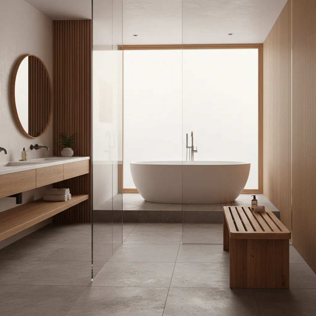 Teak wood shower bench in spa style bathroom