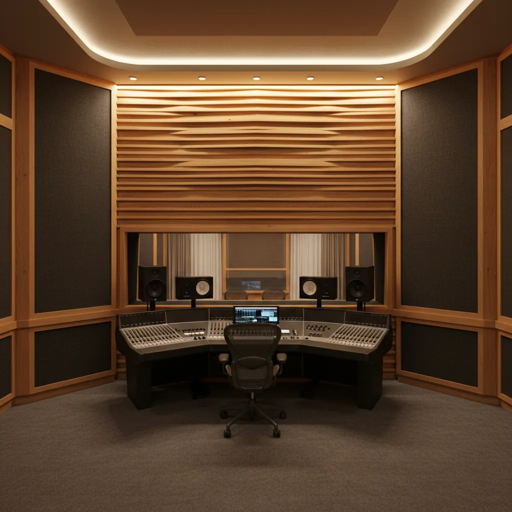 wood slat diffuser wall in recording studio control room