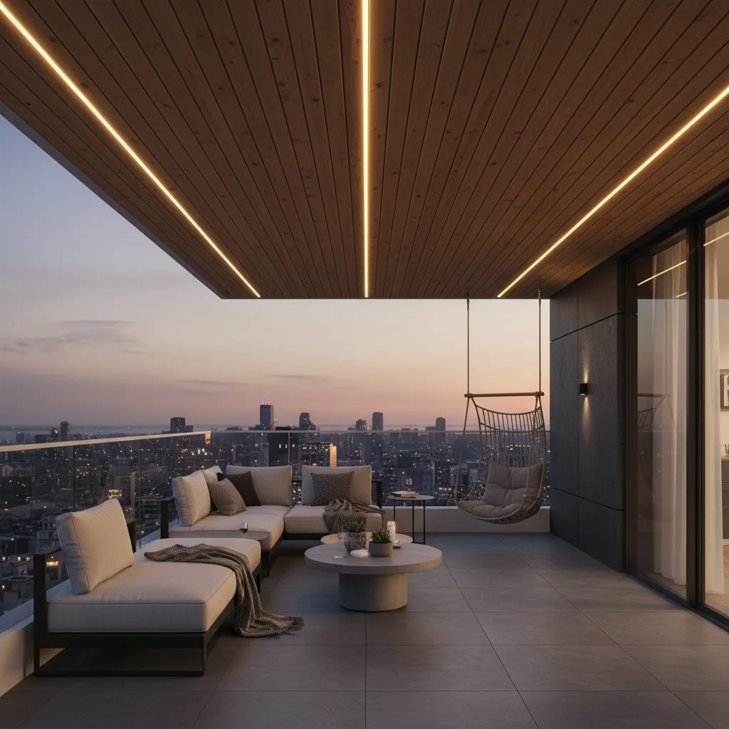 modern balcony with horizontal wood slat ceiling and integrated lighting