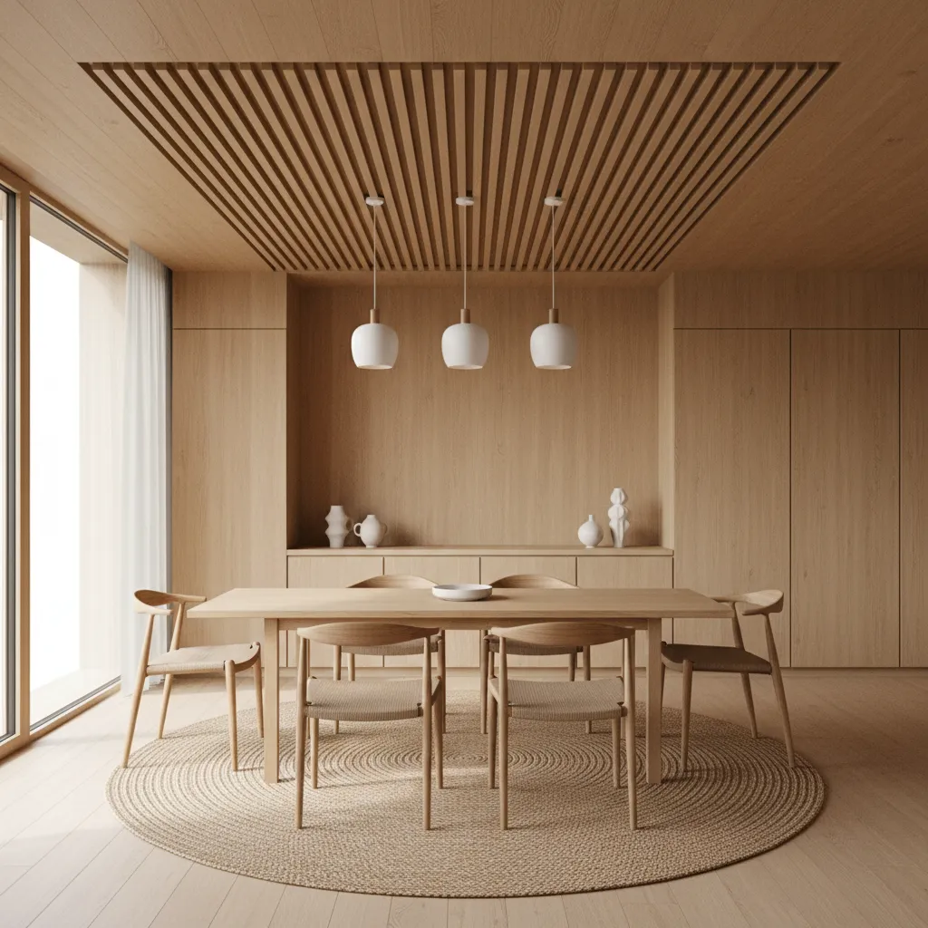 wood slat ceiling feature above dining table