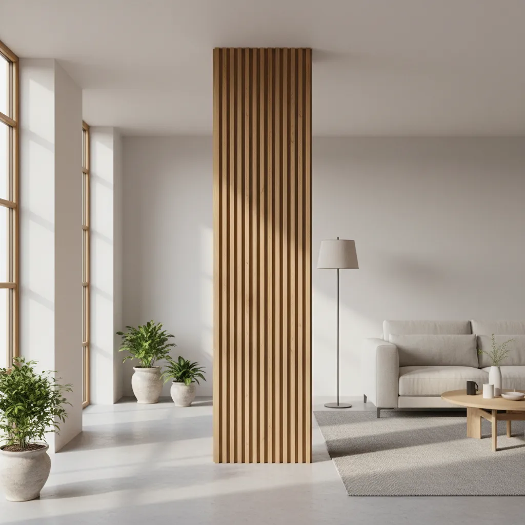 Living room column wrapped in vertical wood slat panels