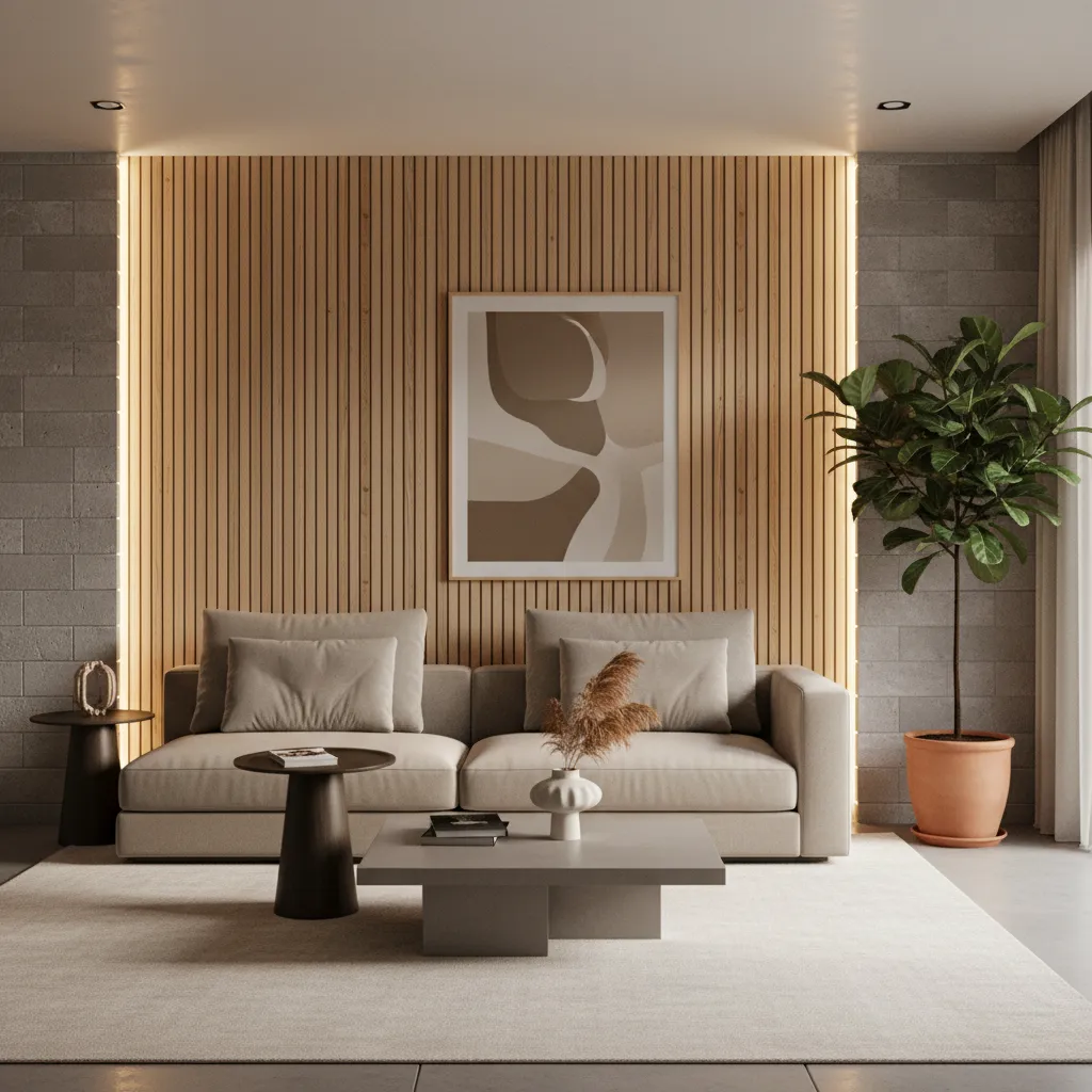 wood slat feature wall installed over concrete block wall in modern living space