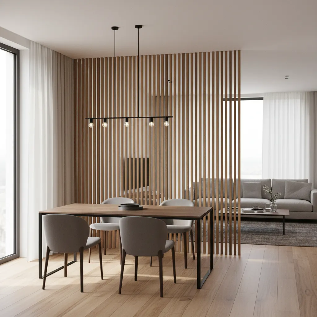 Vertical wooden slat divider separating dining room and living space