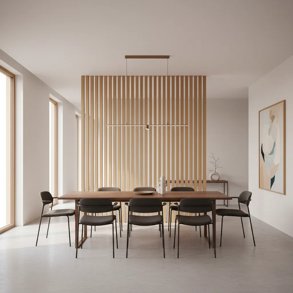 vertical wood slat divider separating hallway and dining room