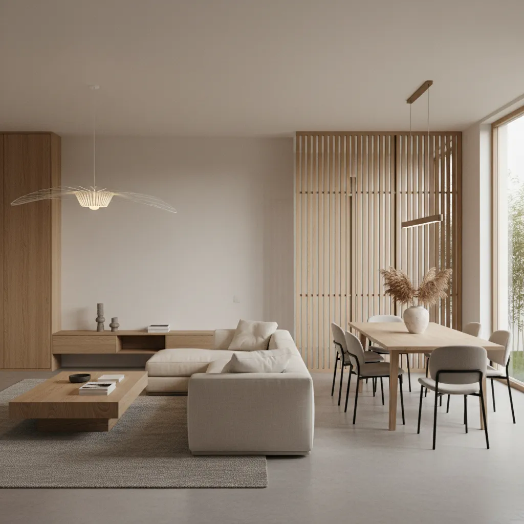 Modern open plan living space with wooden slat divider inspired by Japanese interiors