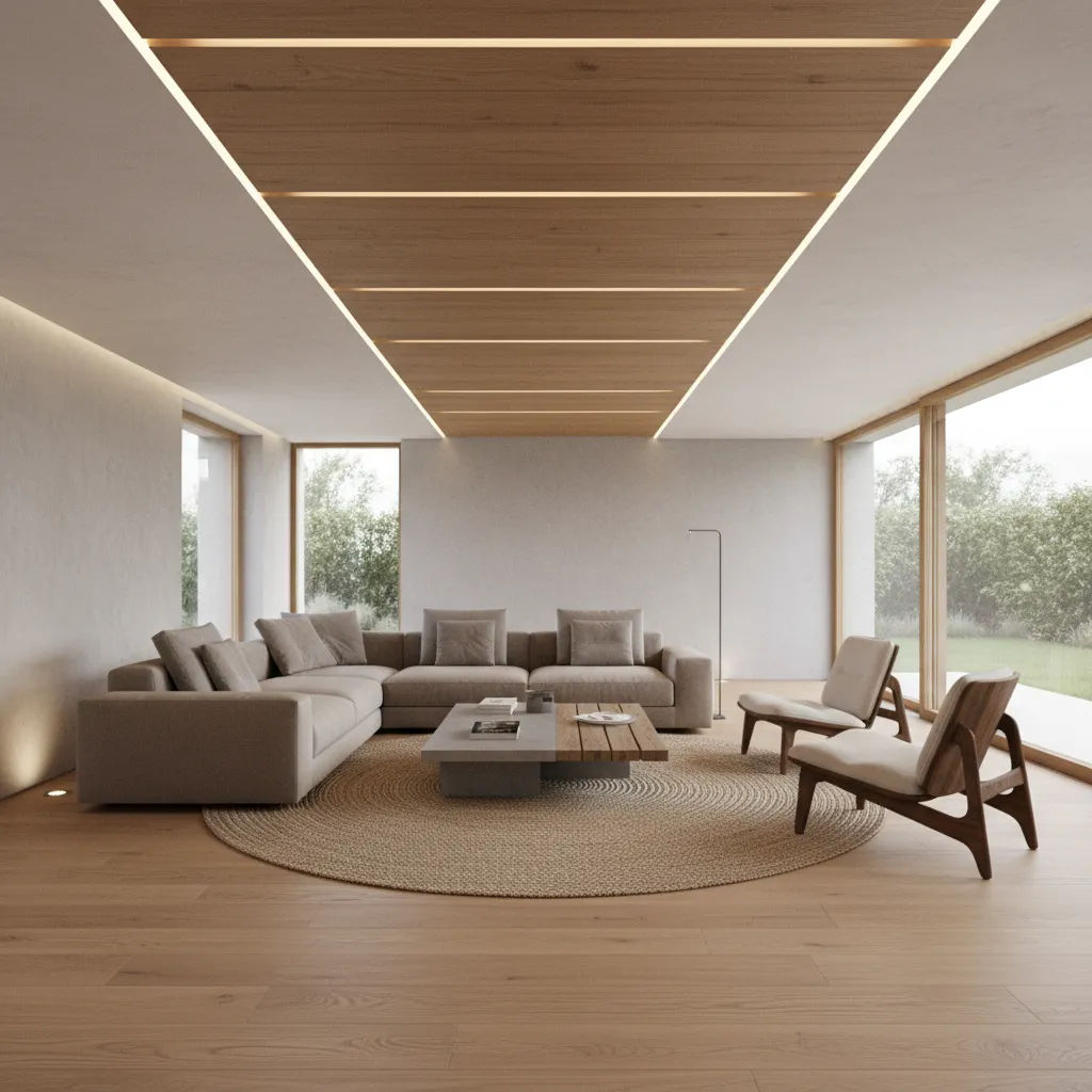 Living room with wood slat accent fall ceiling and LED lighting