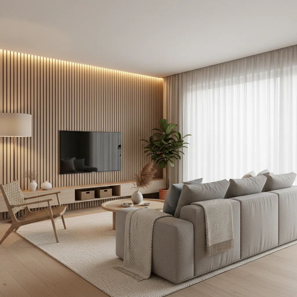 Modern living room with vertical wood slat feature wall and warm lighting