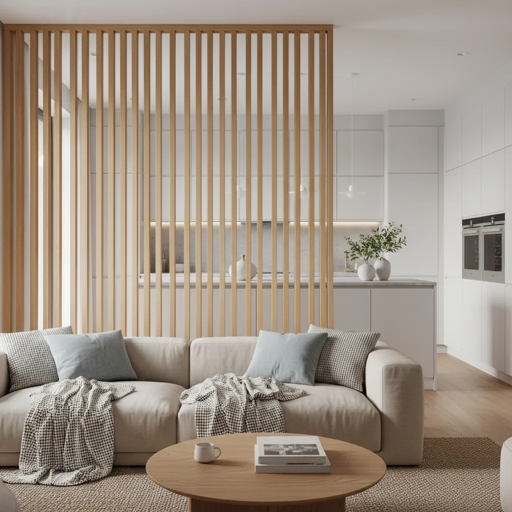 Vertical wooden slat partition separating kitchen and living room