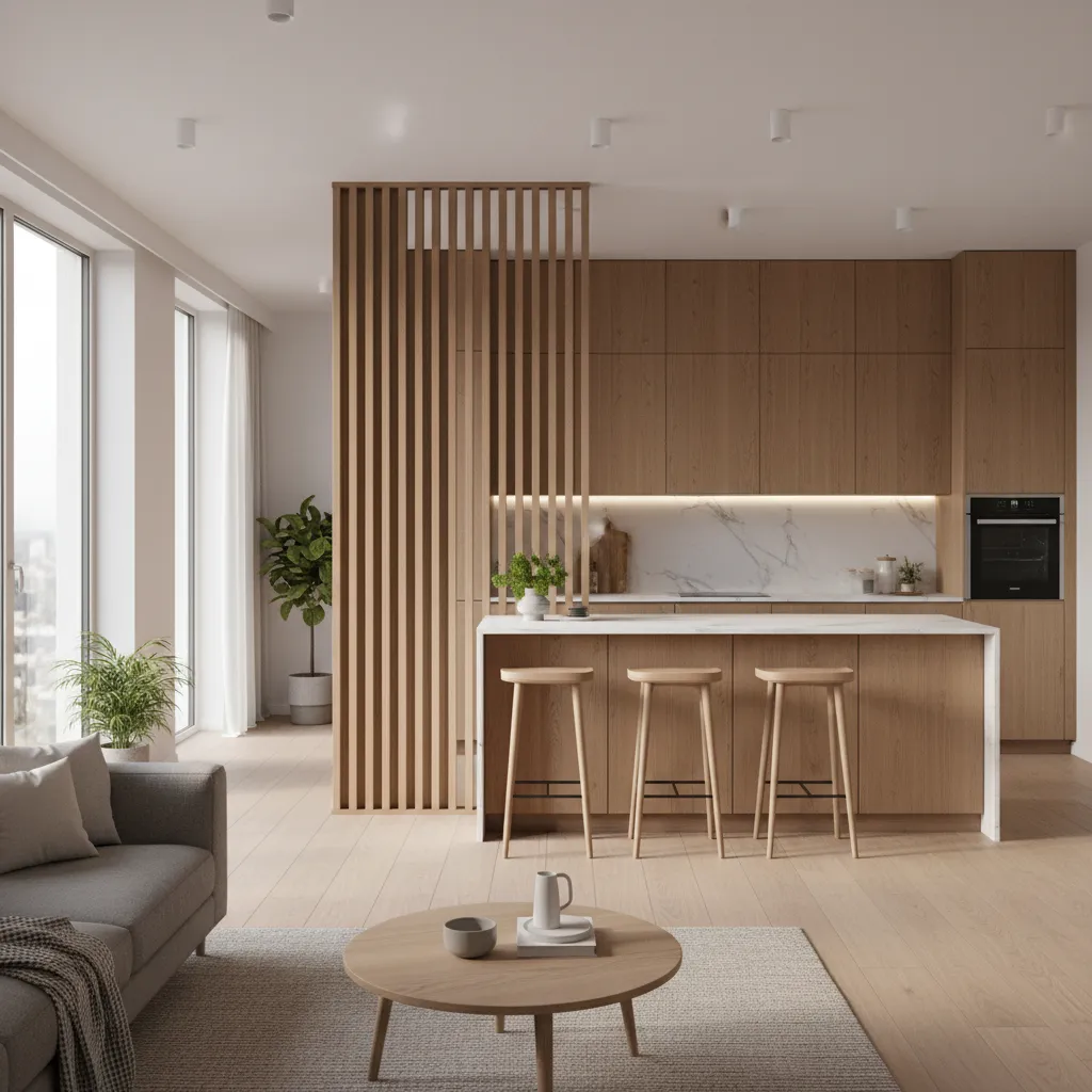 Modern kitchen with wood cabinets and wooden slat wall separating it from the grey sofa