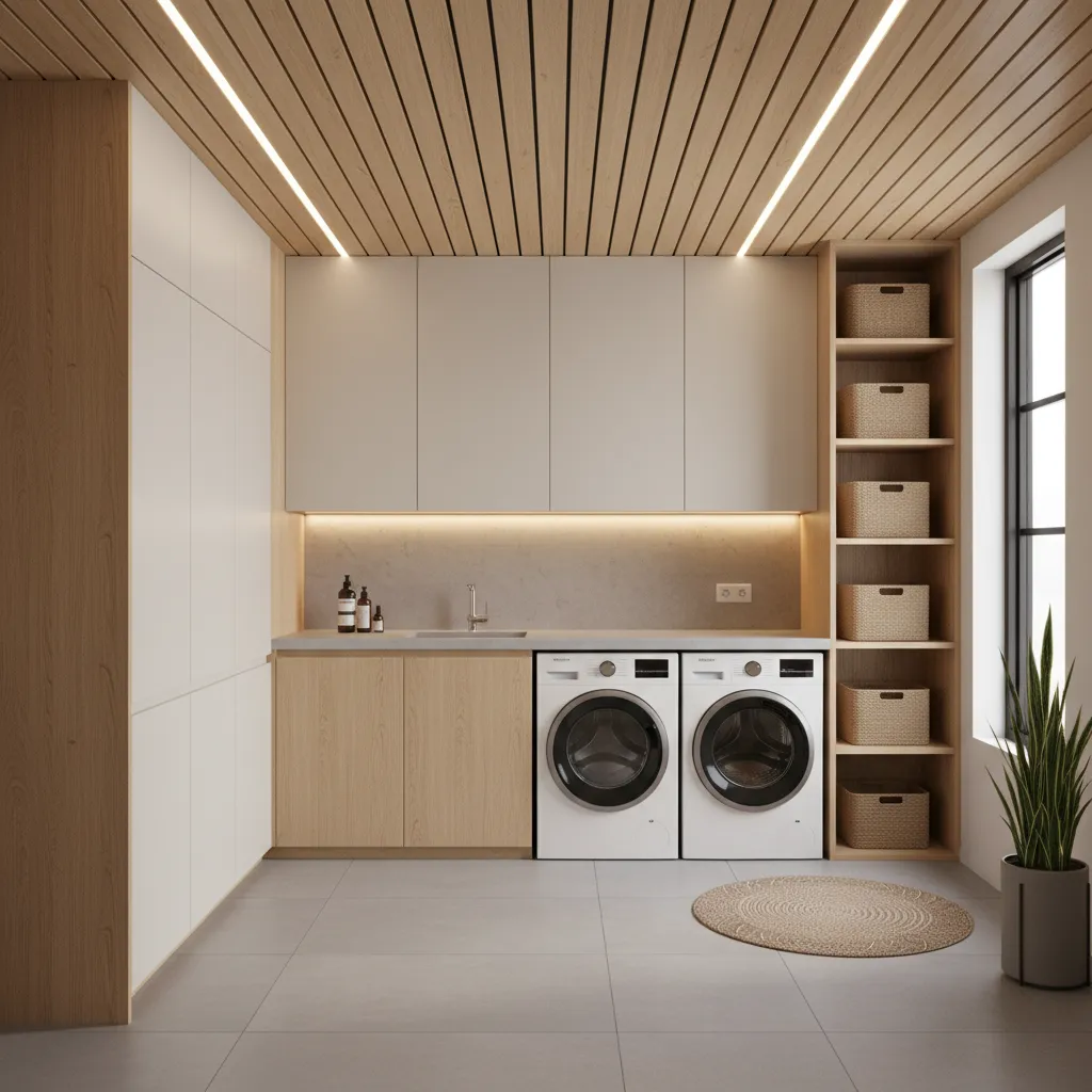 modern laundry room with wood slat ceiling and hidden lighting