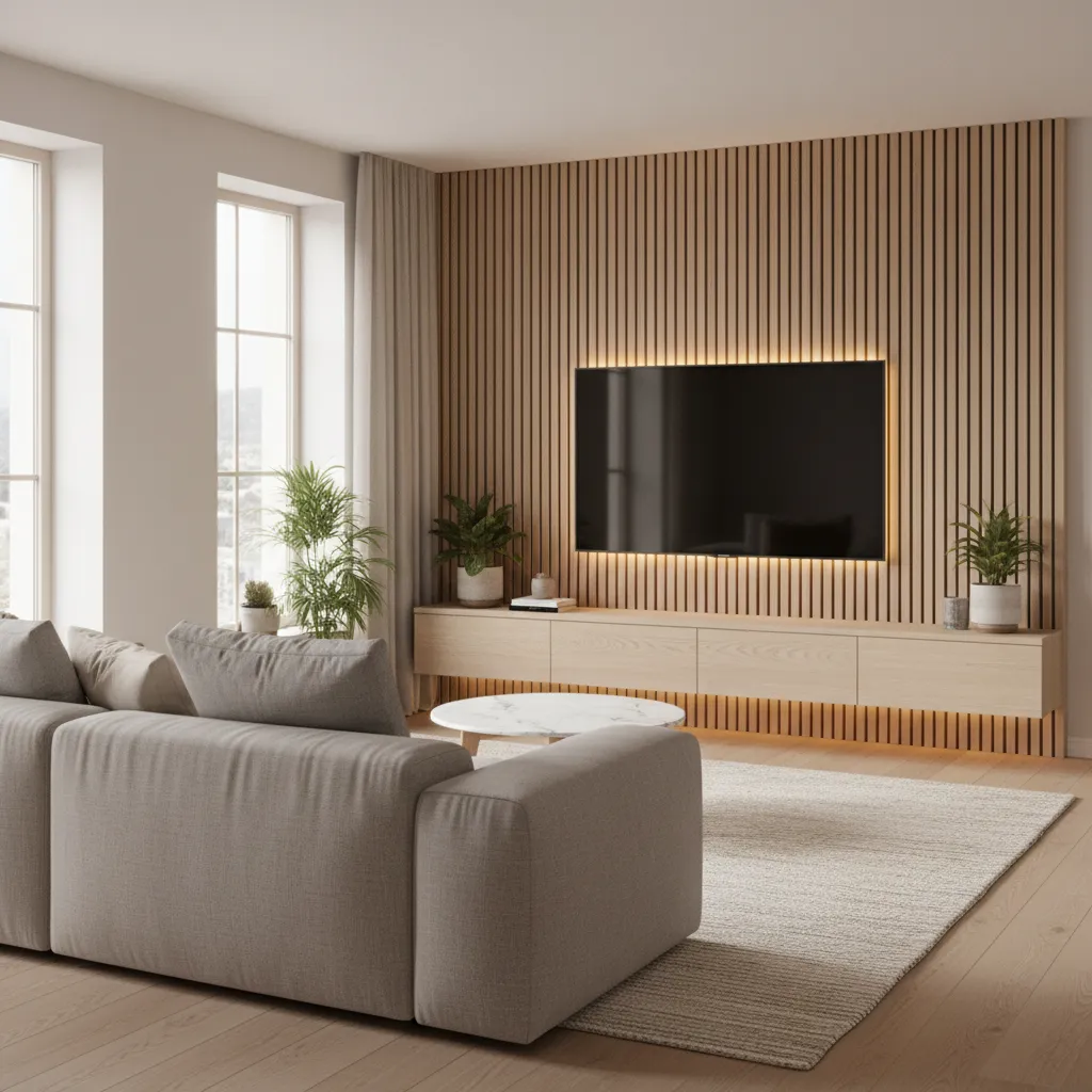Living room with wood slat wall panel, lighted TV, gray sofa, marble table, and plants