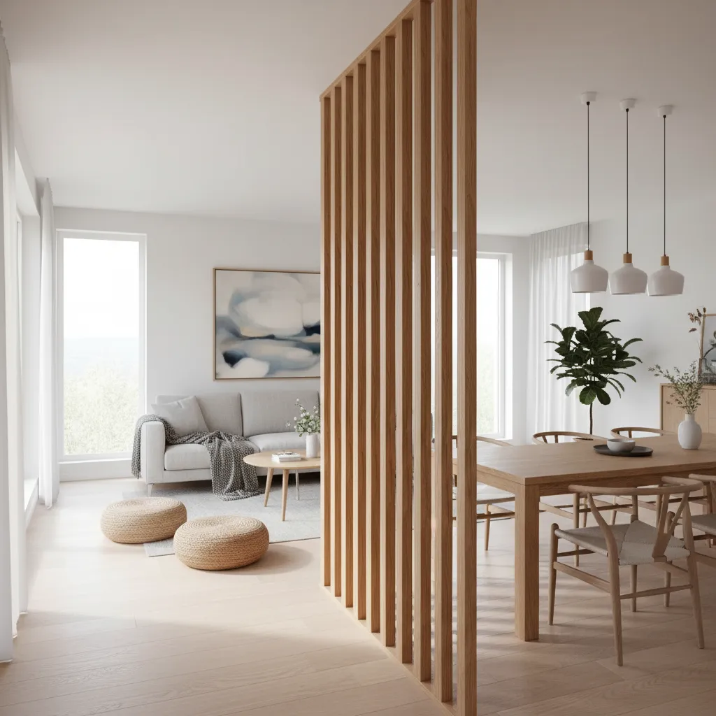 Wood slat partition dividing living room and dining space
