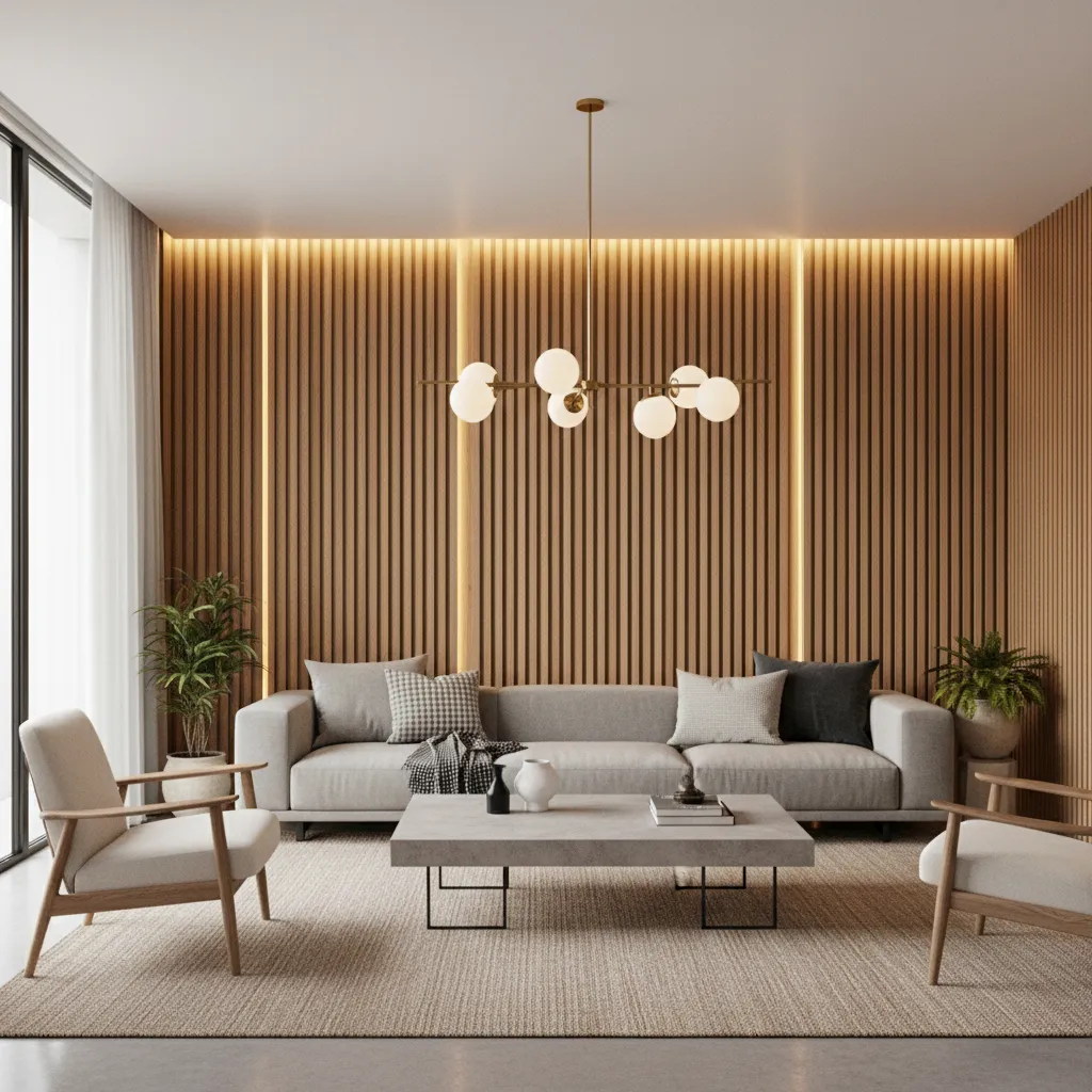 Modern living room with vertical wood slat feature wall and warm lighting