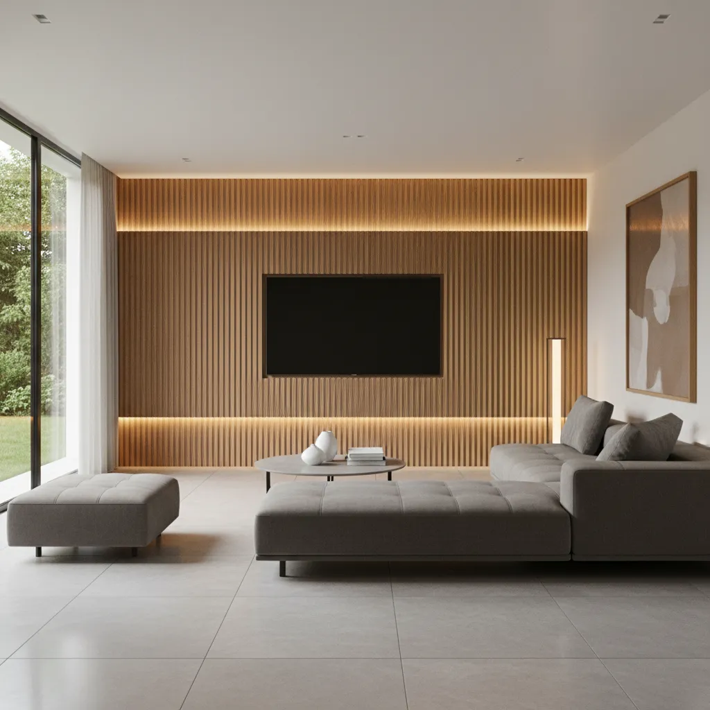 Living room with vertical wood slat accent wall and mounted television