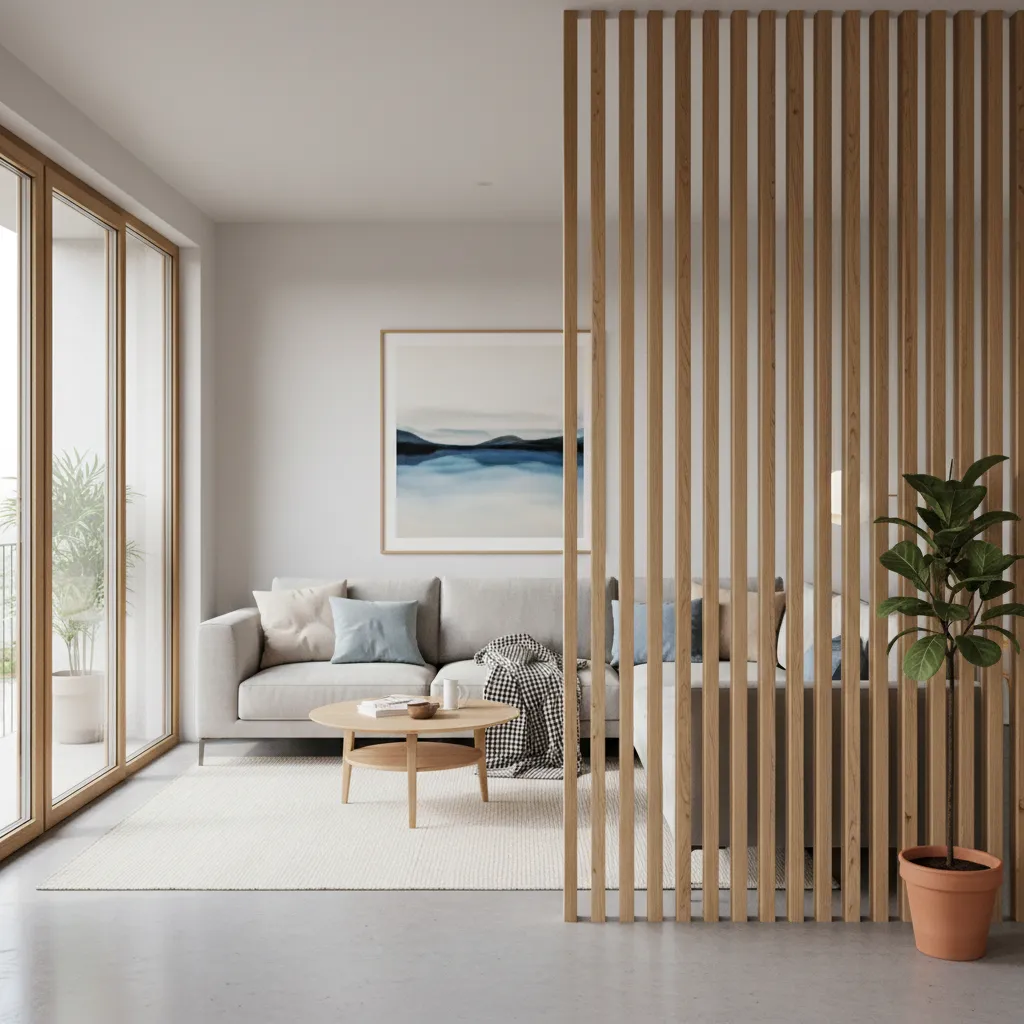 Vertical wooden slat partition separating living and dining space