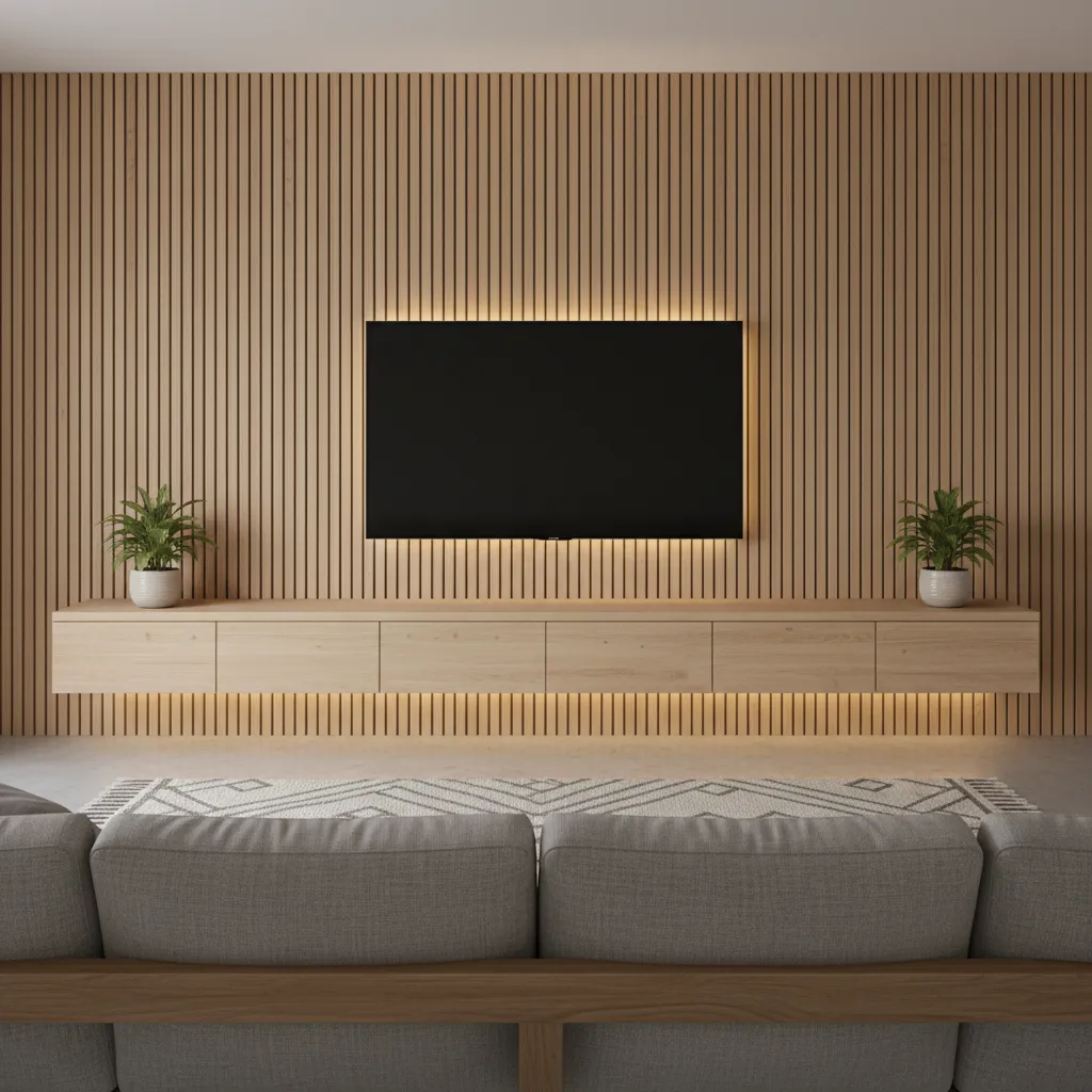 Modern living room TV wall with vertical wood slat panels