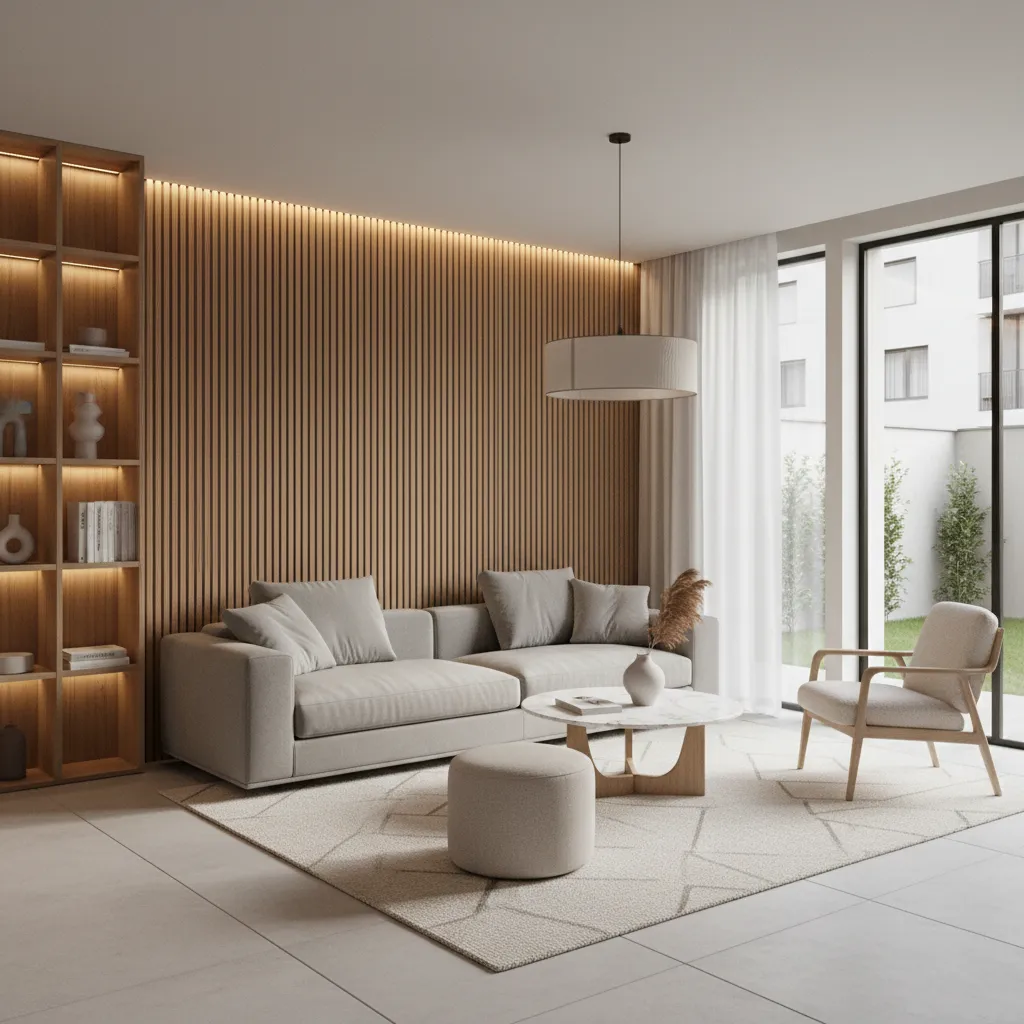 Living room with vertical wood slat wall paneling behind sofa