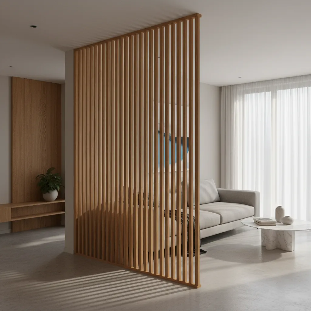 Vertical wooden slat partition separating entry and living room
