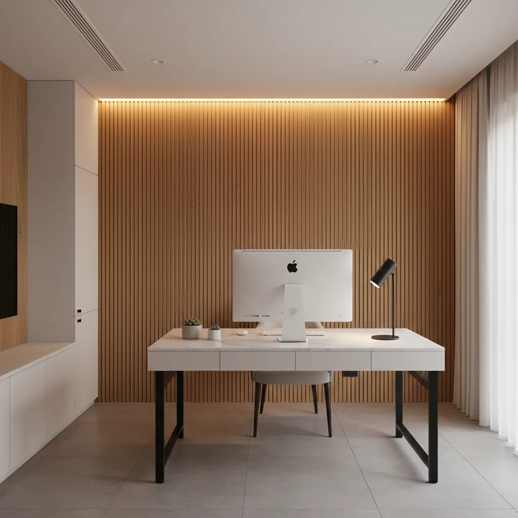 Modern office with wood slat feature wall behind desk